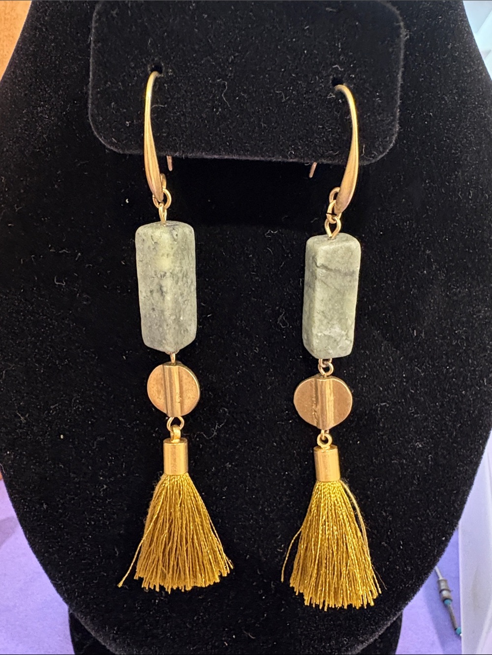 Gold Tassel and Green Stone Drop Earrings - Women Jewelry